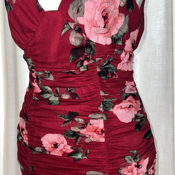 Lulu's Cherry Red Floral Sexy Shirred Dress, Size S - Picture 2 of 7